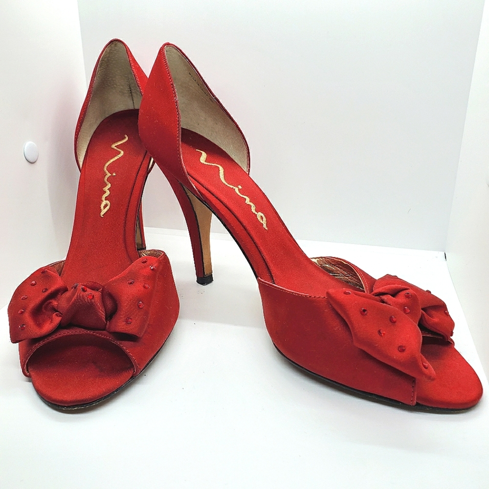 Red heels with embellished satin bows-Nina
